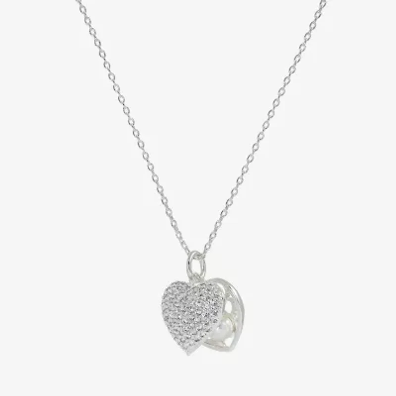 Sparkle Allure Womens Simulated Pearl Pure Silver Over Brass Heart 16 Inch Pendant Necklace