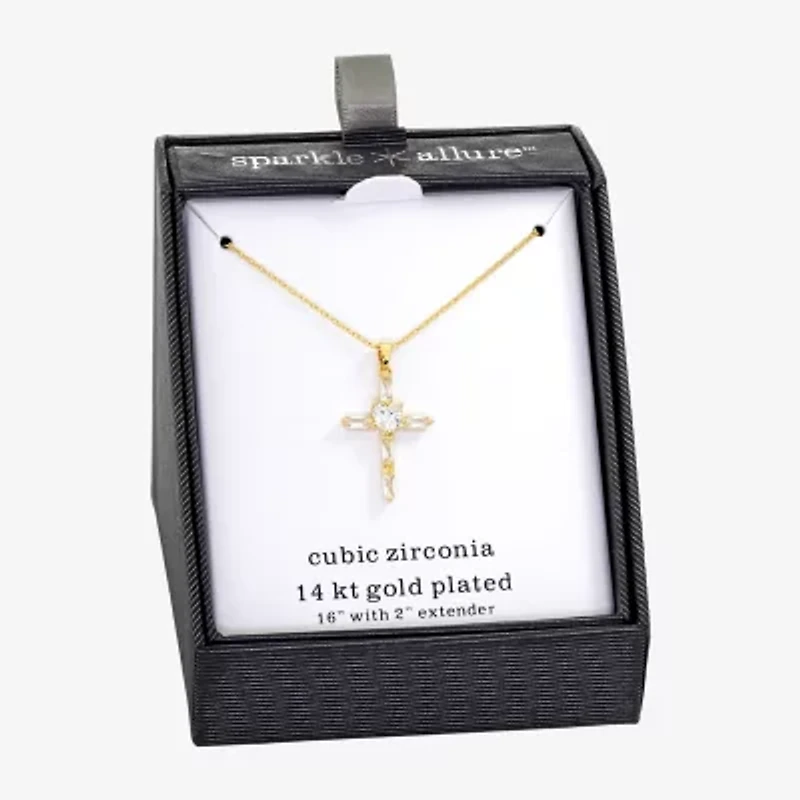 Sparkle Allure Womens Cubic Zirconia 14K Gold Over Brass Cross 16 Inch Pendant Necklace