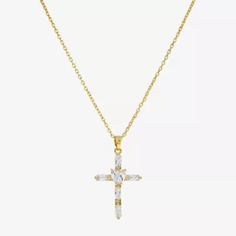 Sparkle Allure Womens Cubic Zirconia 14K Gold Over Brass Cross 16 Inch Pendant Necklace