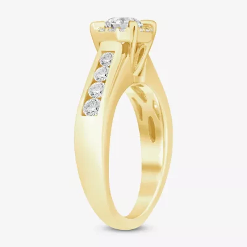 (I / Si2) Womens 1 CT. T.W. Lab Grown White Diamond 10K Gold Round Side Stone Halo Engagement Ring