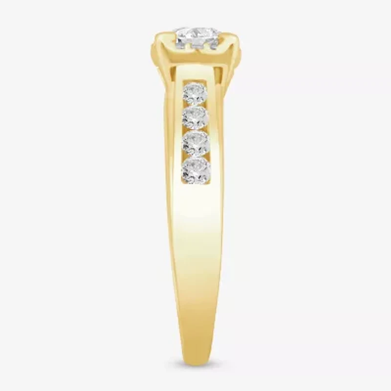 (I / Si2) Womens 1 CT. T.W. Lab Grown White Diamond 10K Gold Round Side Stone Halo Engagement Ring