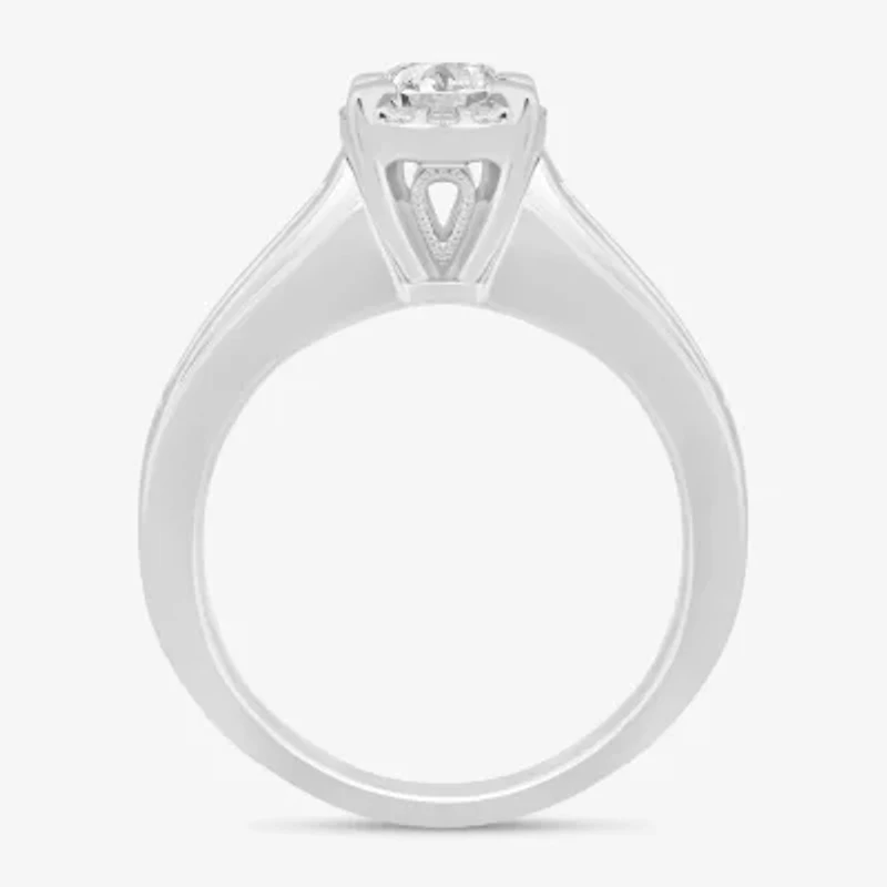 (I / Si2) Womens 1 CT. T.W. Lab Grown White Diamond 10K Gold Round Side Stone Halo Engagement Ring