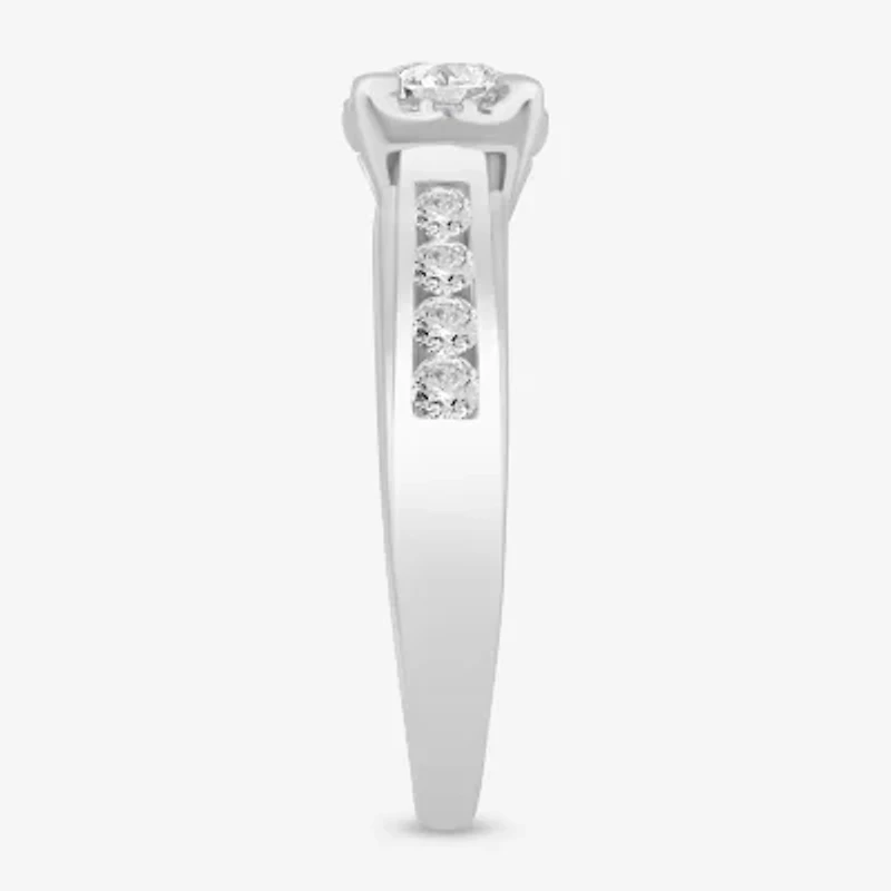 (I / Si2) Womens 1 CT. T.W. Lab Grown White Diamond 10K Gold Round Side Stone Halo Engagement Ring