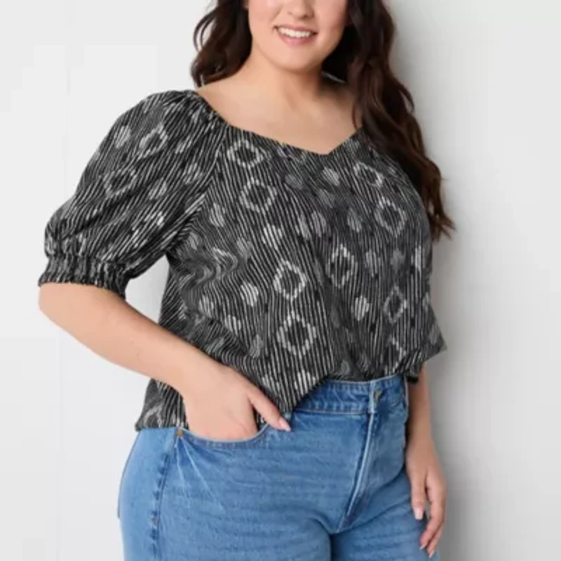 a.n.a Womens Plus Sweetheart Neck Elbow Sleeve Blouse