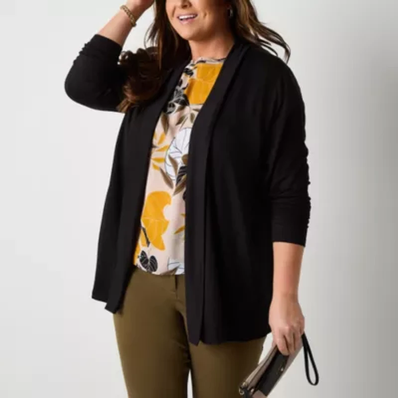 Liz Claiborne Womens Long Sleeve Open Front Plus Cardigan