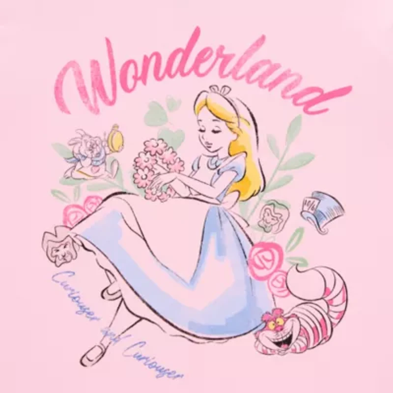 Womens Crew Neck Short Sleeve Oversized Alice Wonderland Juniors Graphic T-Shirt