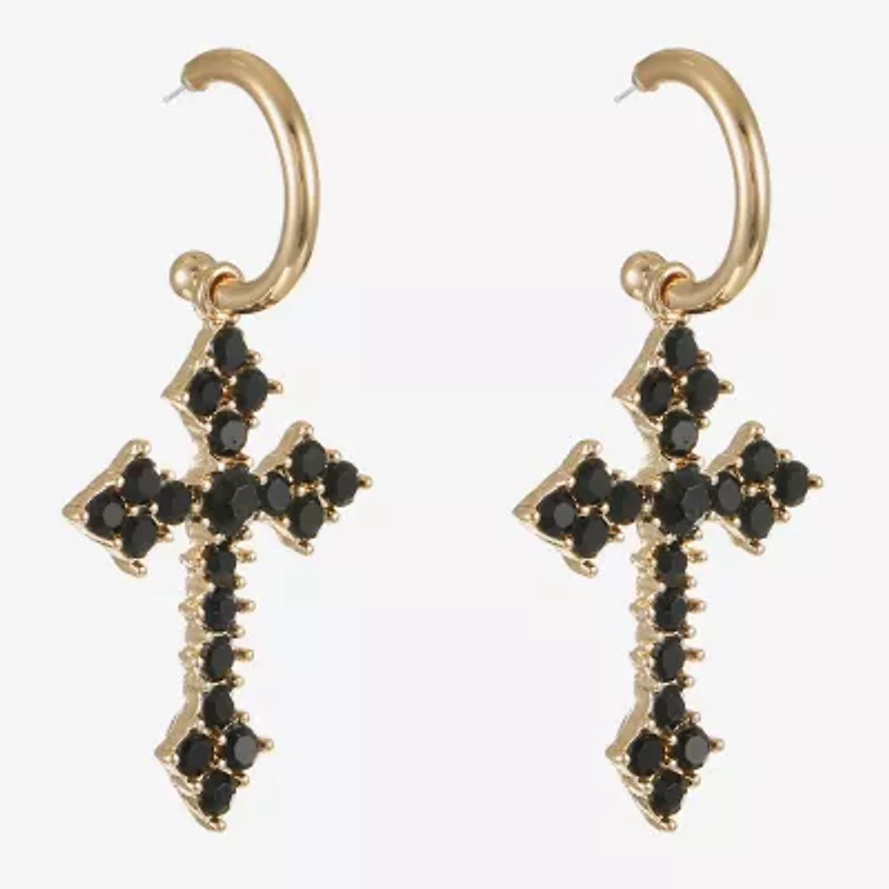 Bijoux Bar Gold Tone Womens Black Glass Cross Hypoallergenic Drop Earrings
