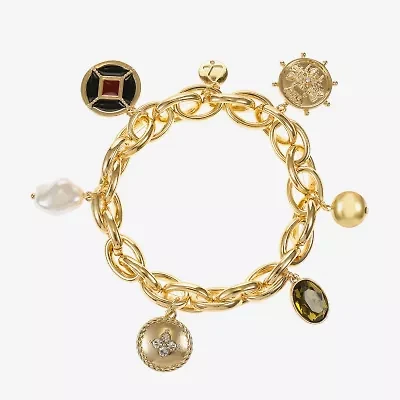 Liz Claiborne Gold Tone Nautical Womens Glass Simulated Pearl Charm Bracelet