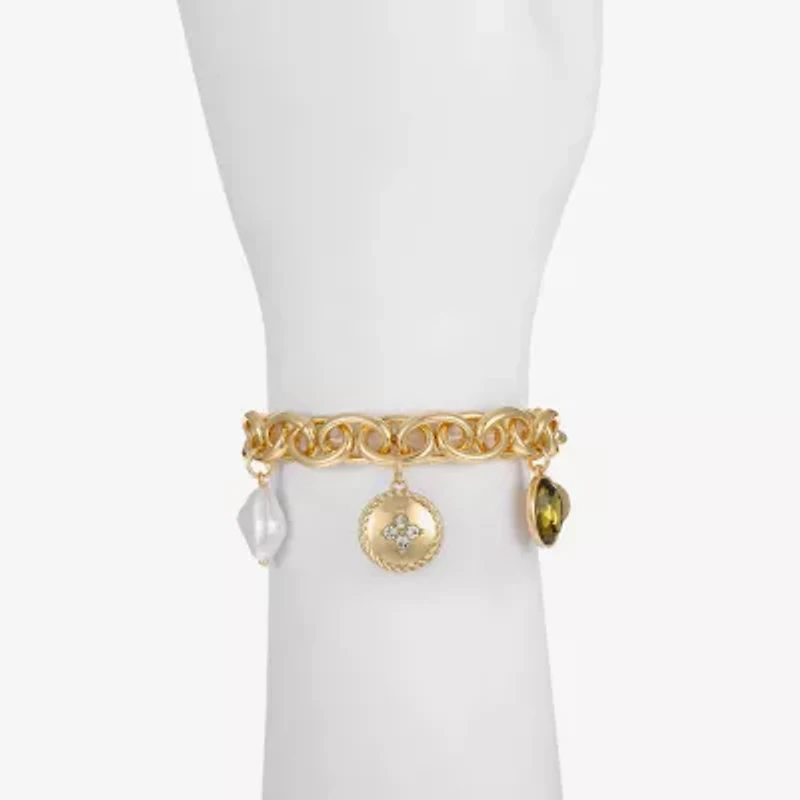 Liz Claiborne Gold Tone Nautical Womens Glass Simulated Pearl Charm Bracelet