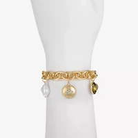 Liz Claiborne Gold Tone Nautical Womens Glass Simulated Pearl Charm Bracelet