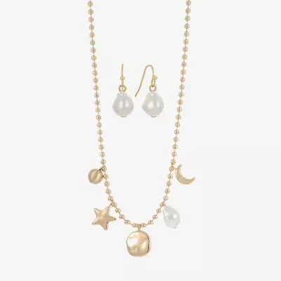 Liz Claiborne Gold Tone Charm Necklace & Drop Earring Womens Simulated Pearl Moon Star 2-pc. Jewelry Set