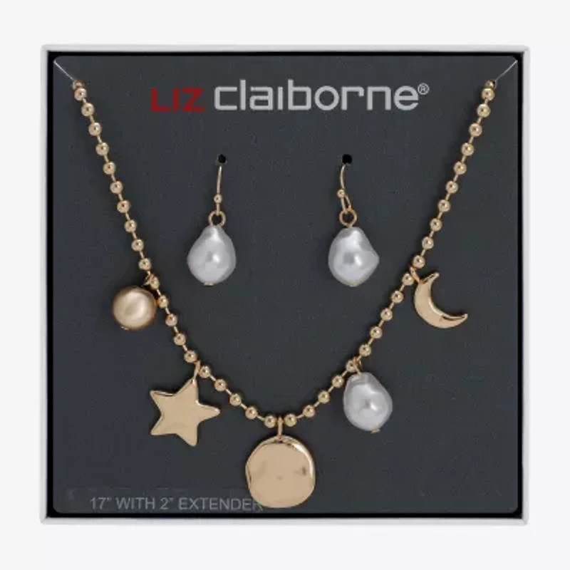 Liz Claiborne Gold Tone Charm Necklace & Drop Earring Womens Simulated Pearl Moon Star 2-pc. Jewelry Set