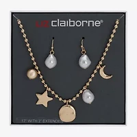 Liz Claiborne Gold Tone Charm Necklace & Drop Earring Womens Simulated Pearl Moon Star 2-pc. Jewelry Set