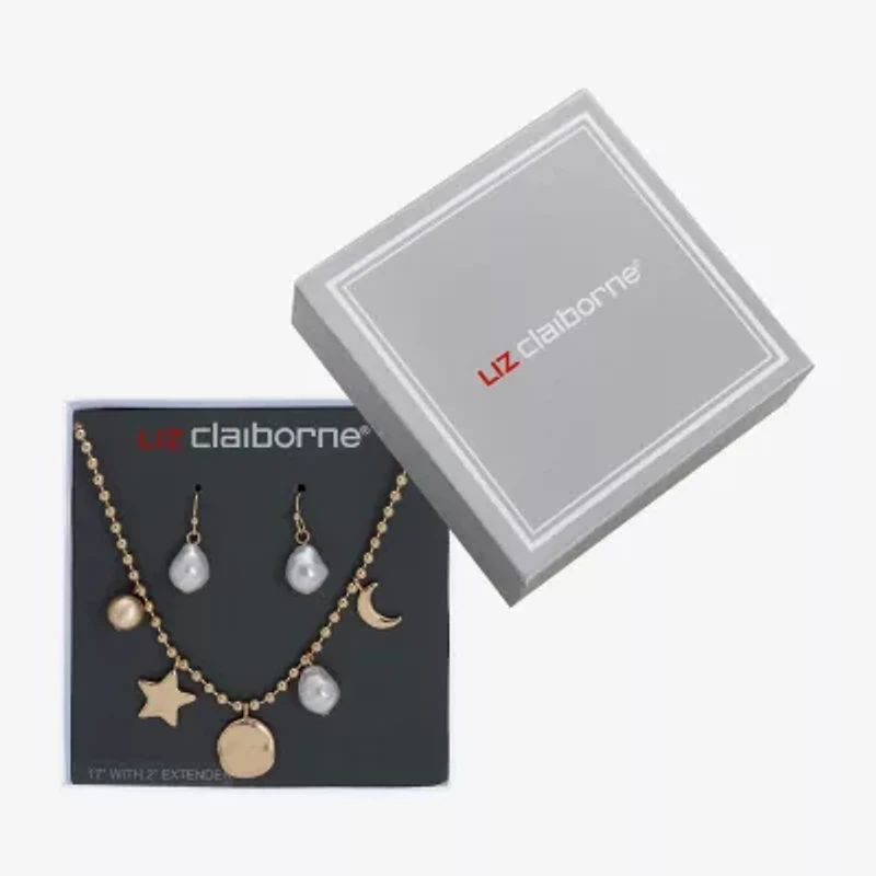 Liz Claiborne Gold Tone Charm Necklace & Drop Earring Womens Simulated Pearl Moon Star 2-pc. Jewelry Set