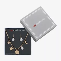 Liz Claiborne Gold Tone Charm Necklace & Drop Earring Womens Simulated Pearl Moon Star 2-pc. Jewelry Set