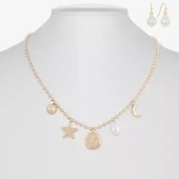 Liz Claiborne Gold Tone Charm Necklace & Drop Earring Womens Simulated Pearl Moon Star 2-pc. Jewelry Set