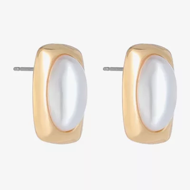 Liz Claiborne Gold Tone Simulated Pearl 18mm Rectangular Stud Earrings