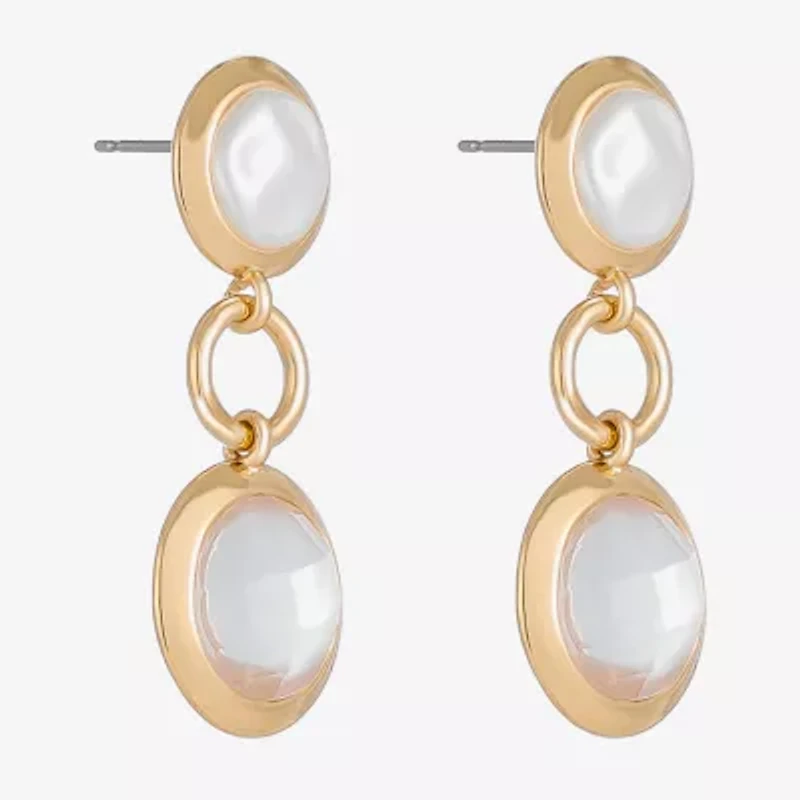 Liz Claiborne Gold Tone Double Womens Simulated Pearl Hypoallergenic Drop Earrings