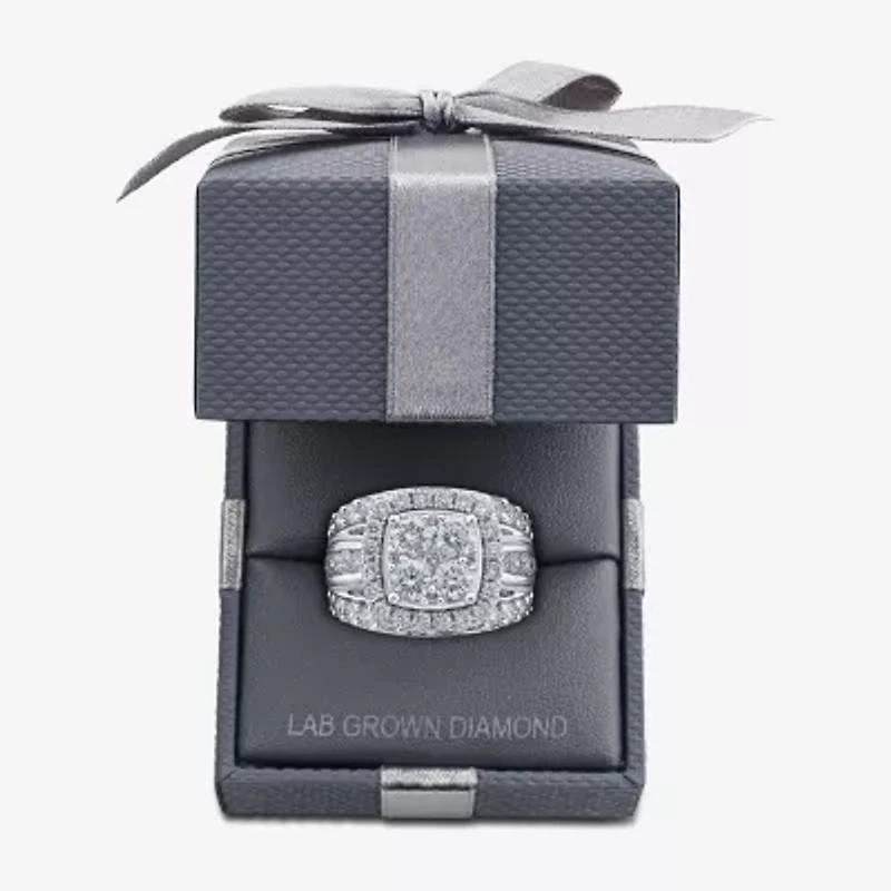 (I / I1) Womens 4 CT. T.W. Lab Grown White Diamond 10K Gold Cushion Side Stone Engagement Ring