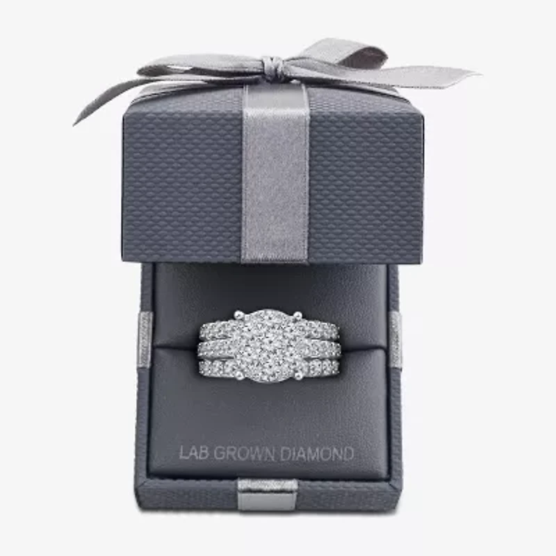 (G / Si1-Si2) Womens 4 CT. T.W. Lab Grown White Diamond 10K Gold Round Side Stone Halo Bridal Set