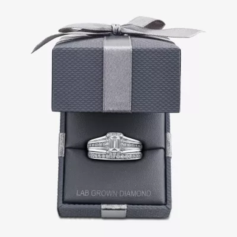 G / Si1-Si2) Womens 1 1/2 CT. T.W. Lab Grown White Diamond 10K White Gold Side Stone Halo Bridal Set