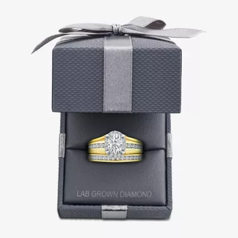 (G / Si1-Si2) Womens 1 1/2 CT. T.W. Lab Grown White Diamond 10K Gold Oval Side Stone Halo Bridal Set