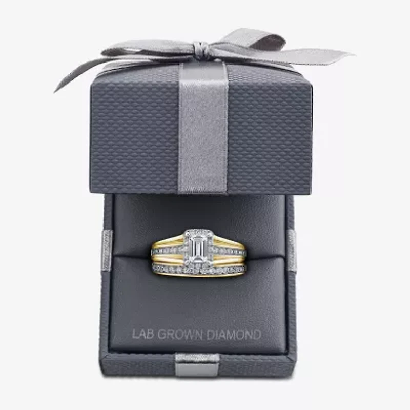 G / Si1-Si2) Womens 1 1/2 CT. T.W. Lab Grown White Diamond 10K White Gold Side Stone Halo Bridal Set