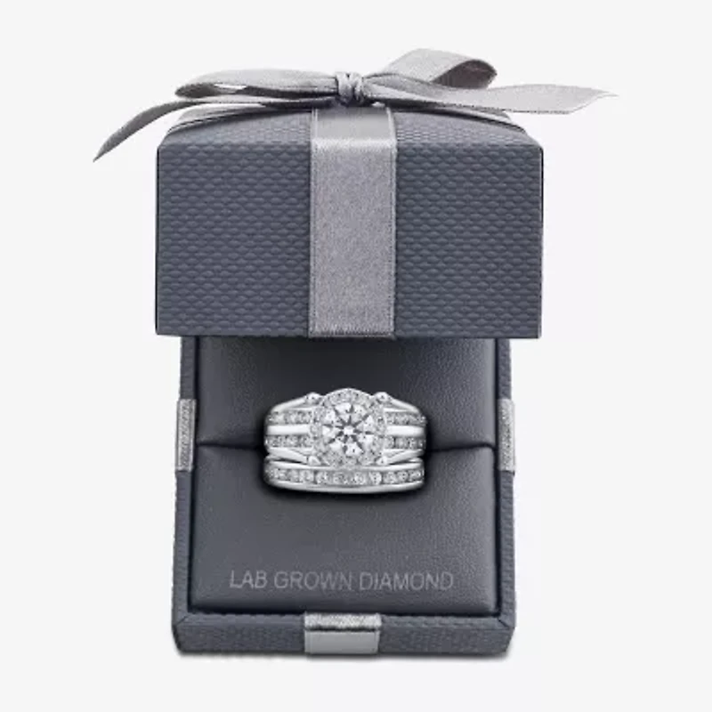 (G / Si1-Si2) Womens 3 CT. T.W. Lab Grown White Diamond 10K White Gold Round Side Stone Halo Bridal Set