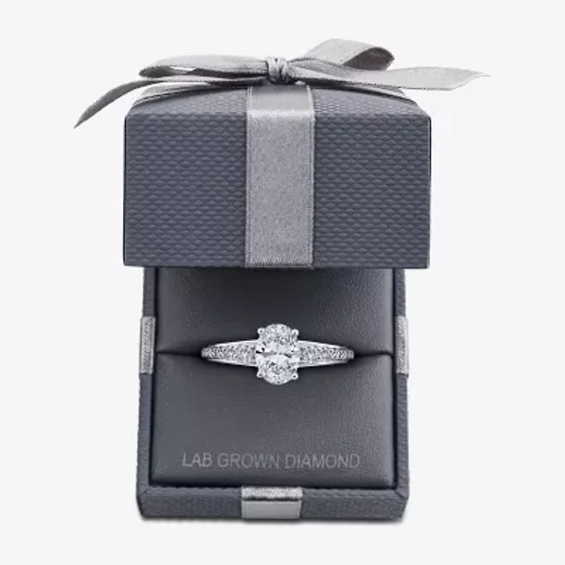 (F / Vs2) Womens 2 CT. T.W. Lab Grown White Diamond 10K Gold Oval Side Stone Engagement Ring