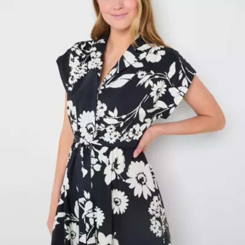 Studio 1 Womens Belted Short Sleeve Midi Floral Shirt Dress