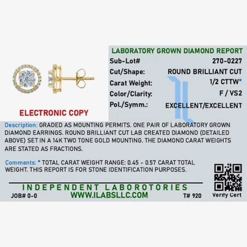 F / Vs2) 1/2 CT. T.W. Lab Grown White Diamond 14K Gold 9.2mm Round Stud Earrings