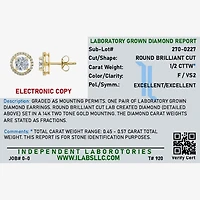 F / Vs2) 1/2 CT. T.W. Lab Grown White Diamond 14K Gold 9.2mm Round Stud Earrings