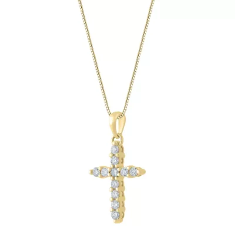 Womens 1/4 CT. T.W. Natural White Diamond 14K Gold Cross 18 Inch Pendant Necklace