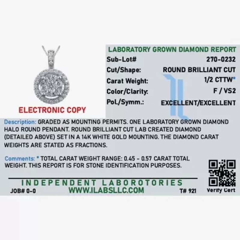 (F / Vs2) Womens 1/2 CT. T.W. Lab Grown White Diamond 14K Gold Round 18 Inch Pendant Necklace
