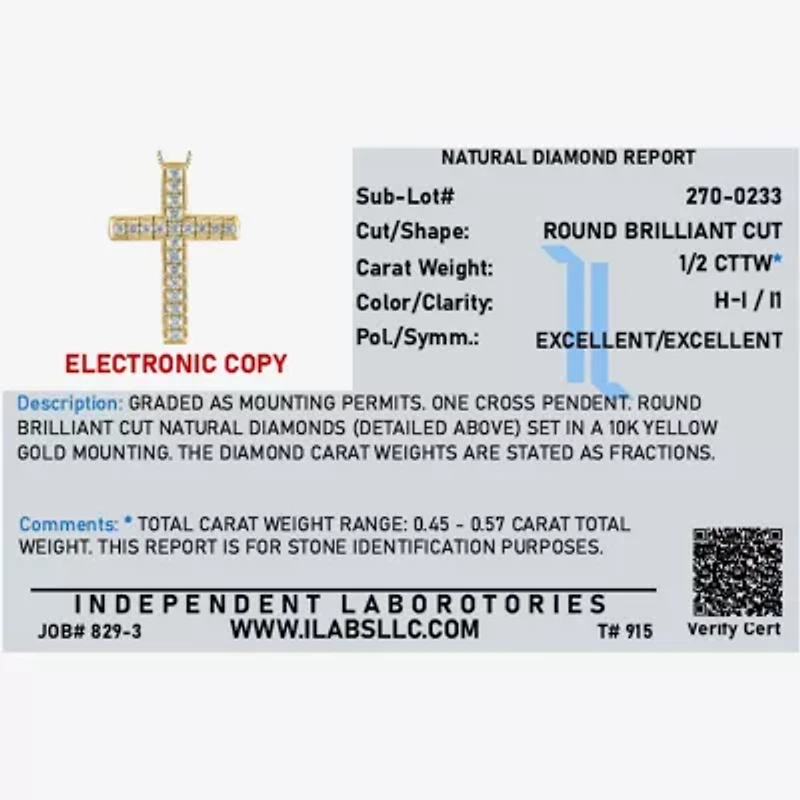 Womens 1/2 CT. T.W. Natural White Diamond 14K Gold Cross 18 Inch Pendant Necklace
