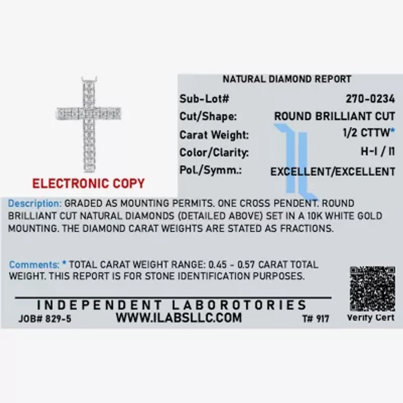 Womens 1/2 CT. T.W. Natural White Diamond 14K Gold Cross 18 Inch Pendant Necklace