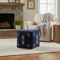 LR Home Victoria 18" Power-Loomed Polyester Blend Pouf in Navy Blue