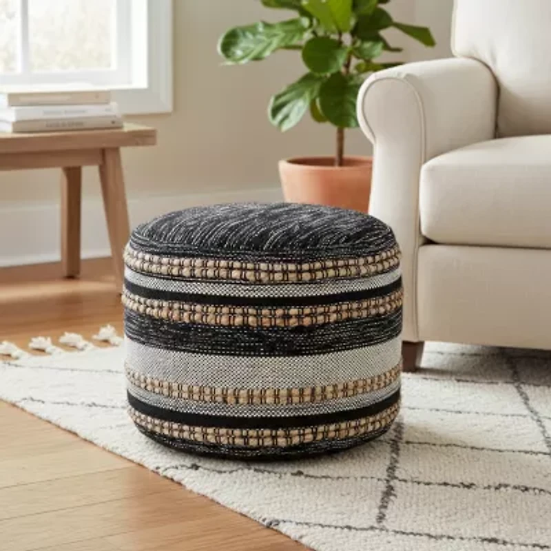 LR Home Briala 14" Handmade Cotton Blend Pouf in Black/White/Natural