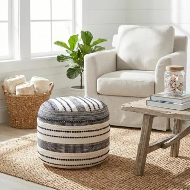 LR Home Fenric 14" Handmade Cotton Pouf in Blue/White
