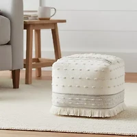 LR Home Tristan 14" Handmade Cotton Blend Pouf in Cream