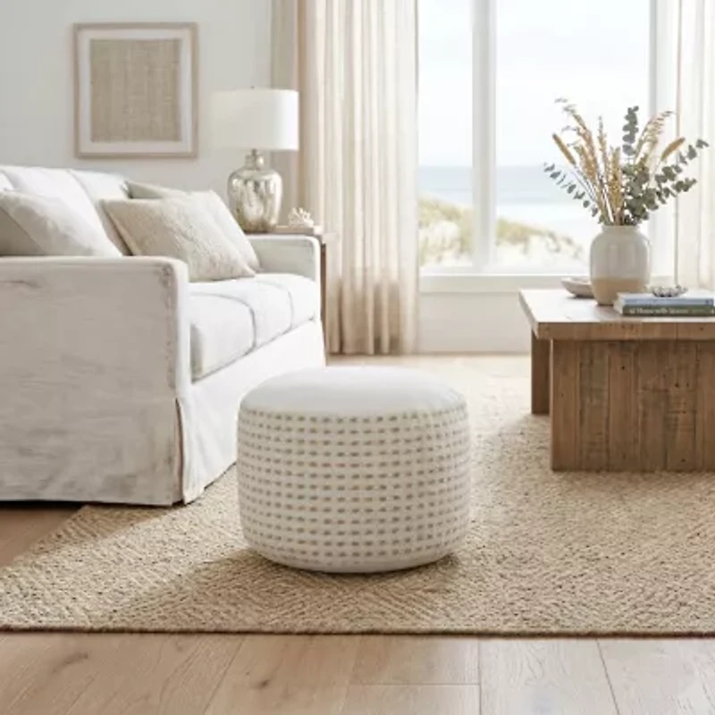LR Home Naples 14" Handmade Jute Blend Pouf in White/Tan