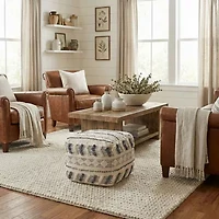 LR Home Seraphina 14" Handmade Wool Blend Pouf in Blue/Cream
