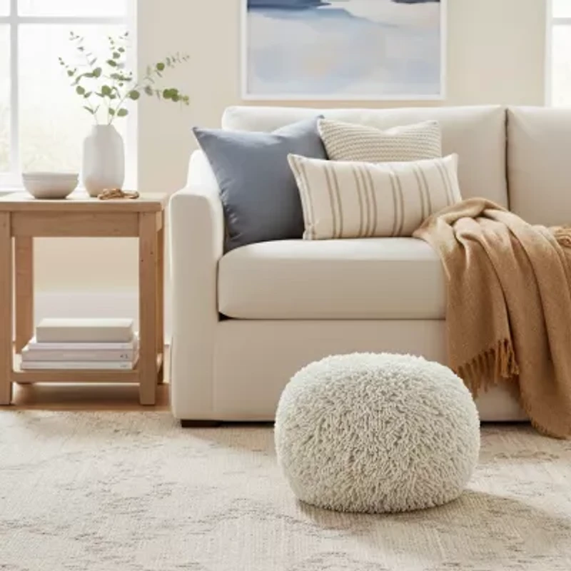 LR Home Leilani 16" Handmade Cotton Pouf in Cream