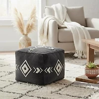 LR Home Vasilisa 14" Handmade Cotton Pouf in Black/White