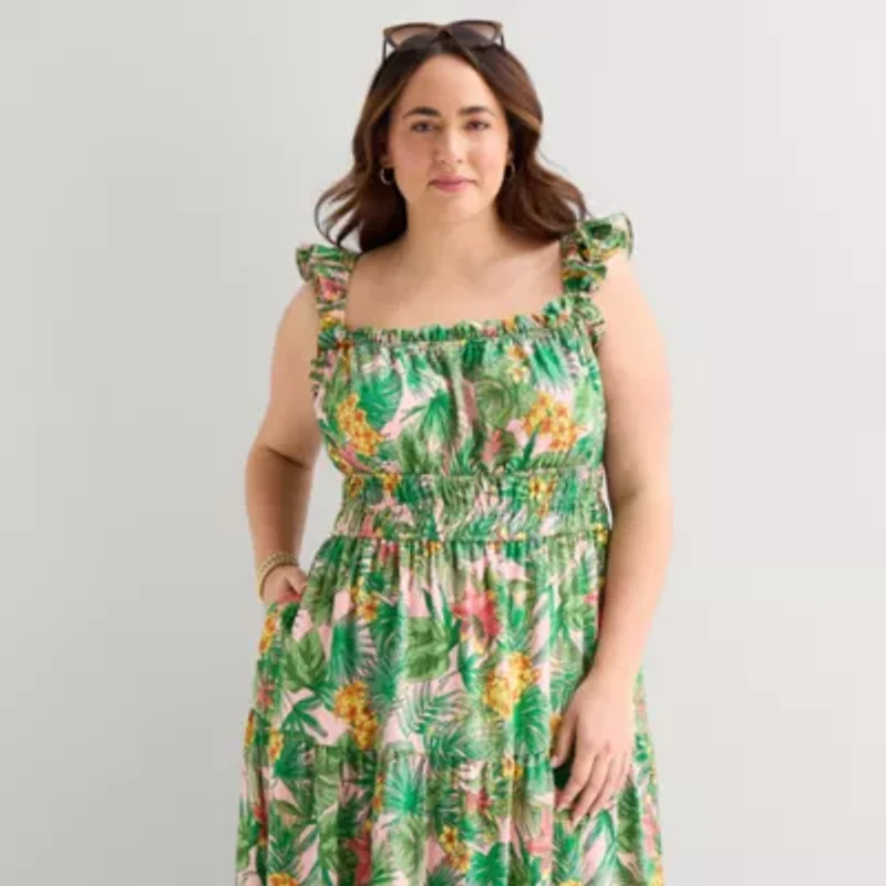Melonie T Womens Plus Square Neck Sleeveless Floral Fit + Flare Dress