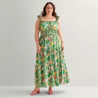 Melonie T Womens Plus Square Neck Sleeveless Floral Fit + Flare Dress