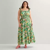 Melonie T Womens Plus Square Neck Sleeveless Floral Fit + Flare Dress