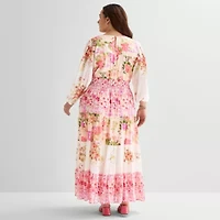 Melonie T Womens Plus V Neck Long Sleeve Balloon Maxi Dress