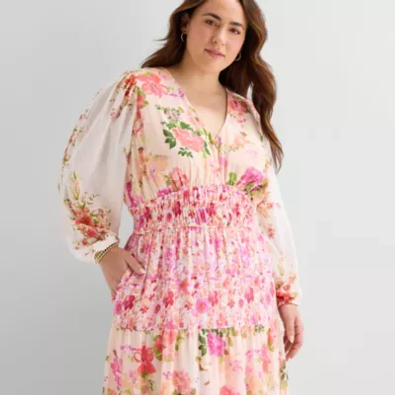 Melonie T Womens Plus V Neck Long Sleeve Balloon Maxi Dress
