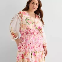 Melonie T Womens Plus V Neck Long Sleeve Balloon Maxi Dress